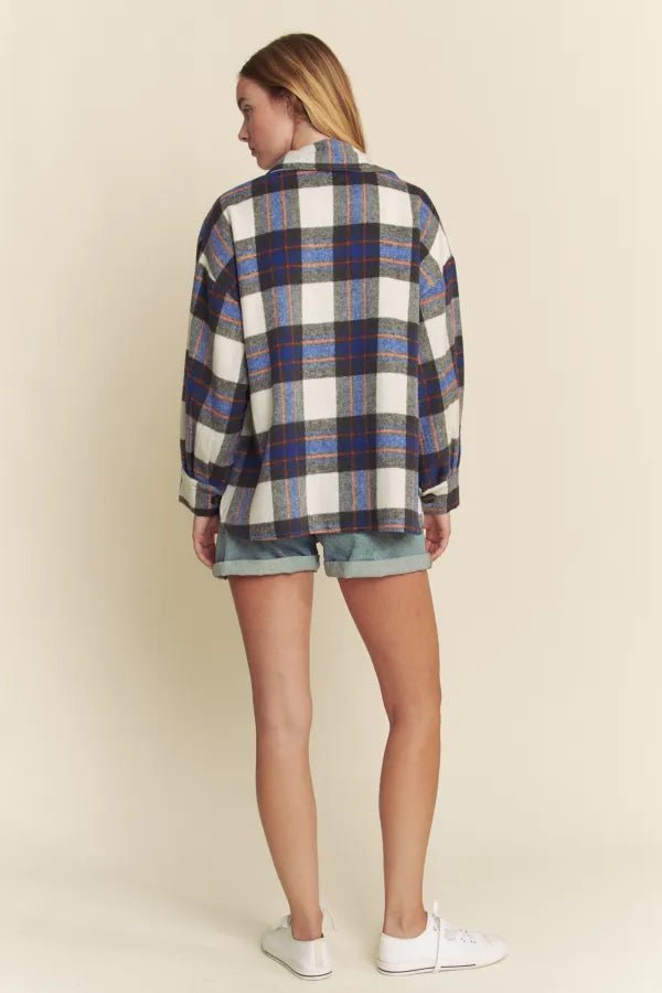 Brushed Plaid Button Down Pocket Shacket – Blue Combo - Juli's Wearable Art