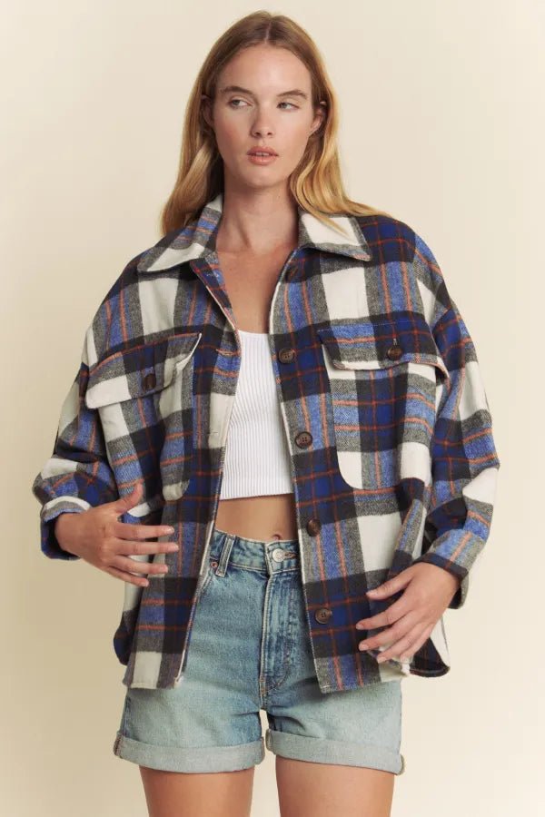Brushed Plaid Button Down Pocket Shacket – Blue Combo - Juli's Wearable Art