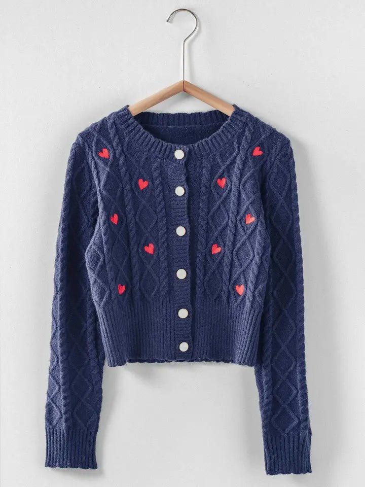 Cable Knit Heart Embroidered Cardigan – Navy - Juli's Wearable Art