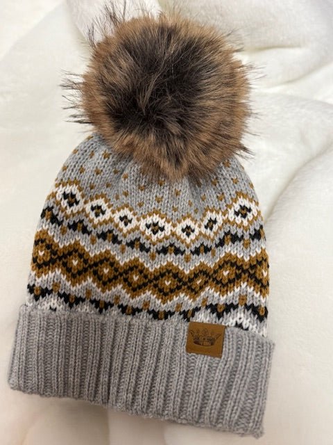 Camel, Black & Gray Patterned Knit Pom Hat - Juli's Wearable Art