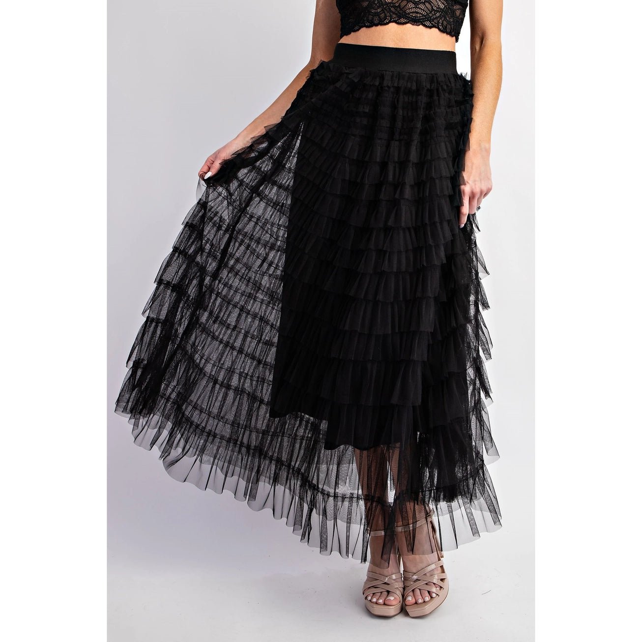 Cascading Tulle Mesh Black Tiered Maxi Skirt - Juli's Wearable Art