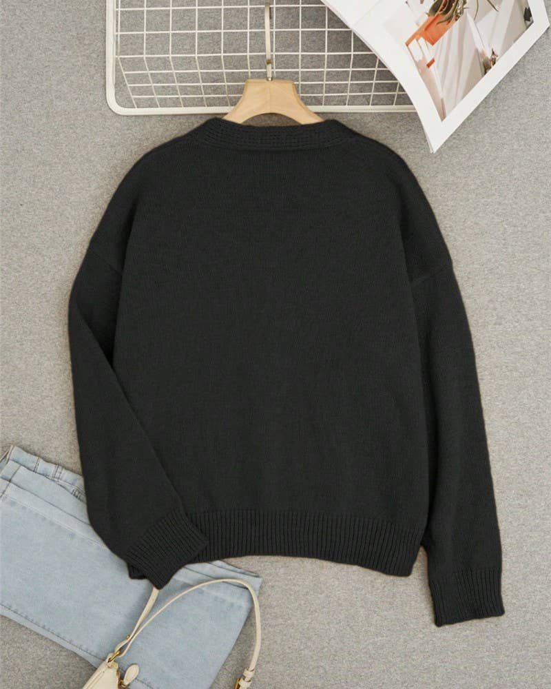 Chic V - Neck Bee Pattern Knitted Cardigan Sweater - Juli's Wearable Art