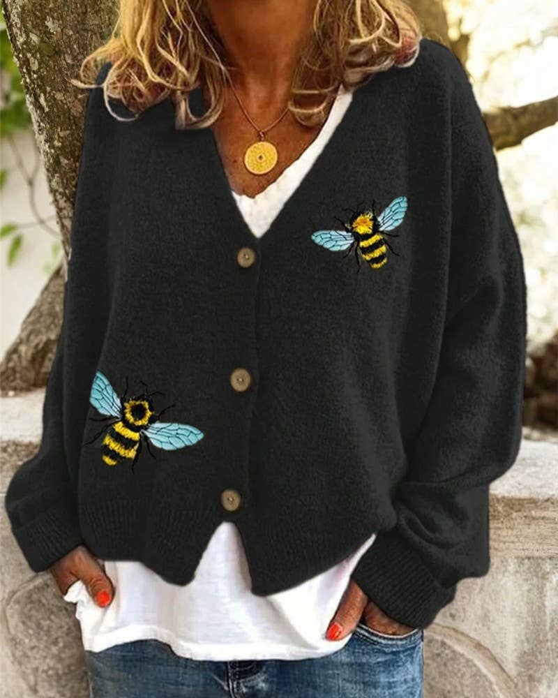 Chic V - Neck Bee Pattern Knitted Cardigan Sweater - Juli's Wearable Art