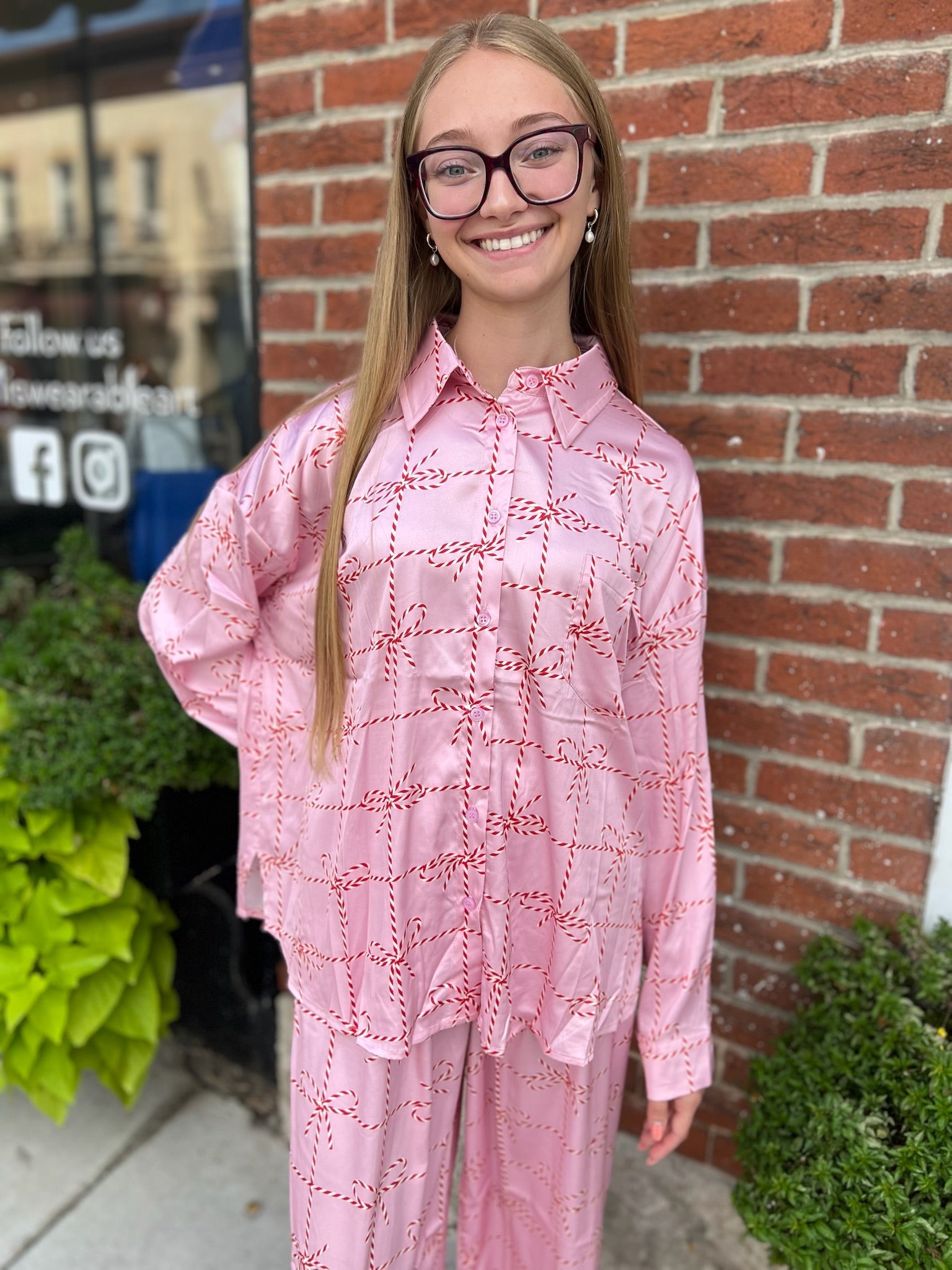 Christmas Bow Printed Satin - Like Pajama Set - Juli's Wearable Art