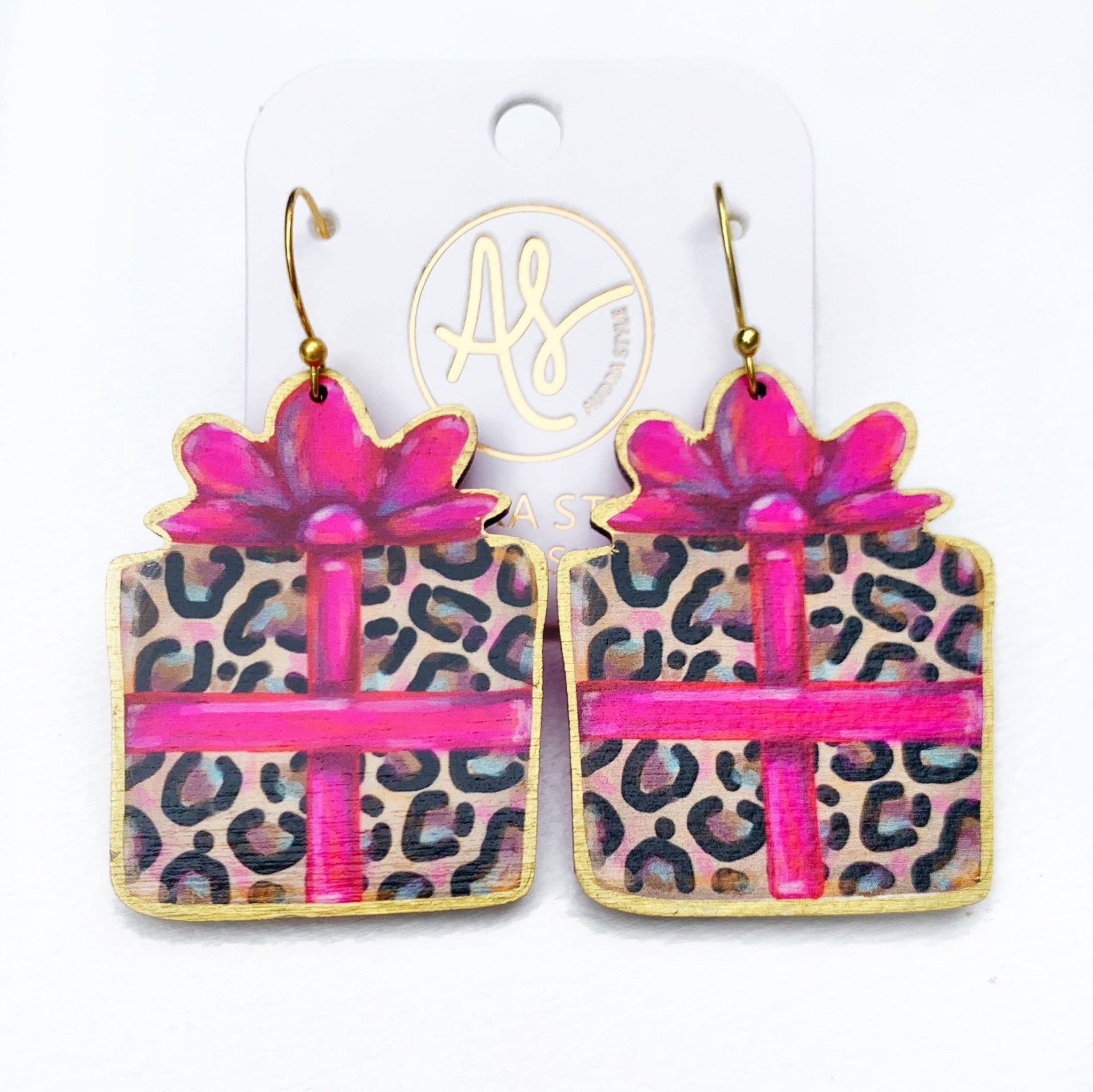 Christmas Earring – Leopard Gift Box with Pink Bow - Juli's Wearable Art