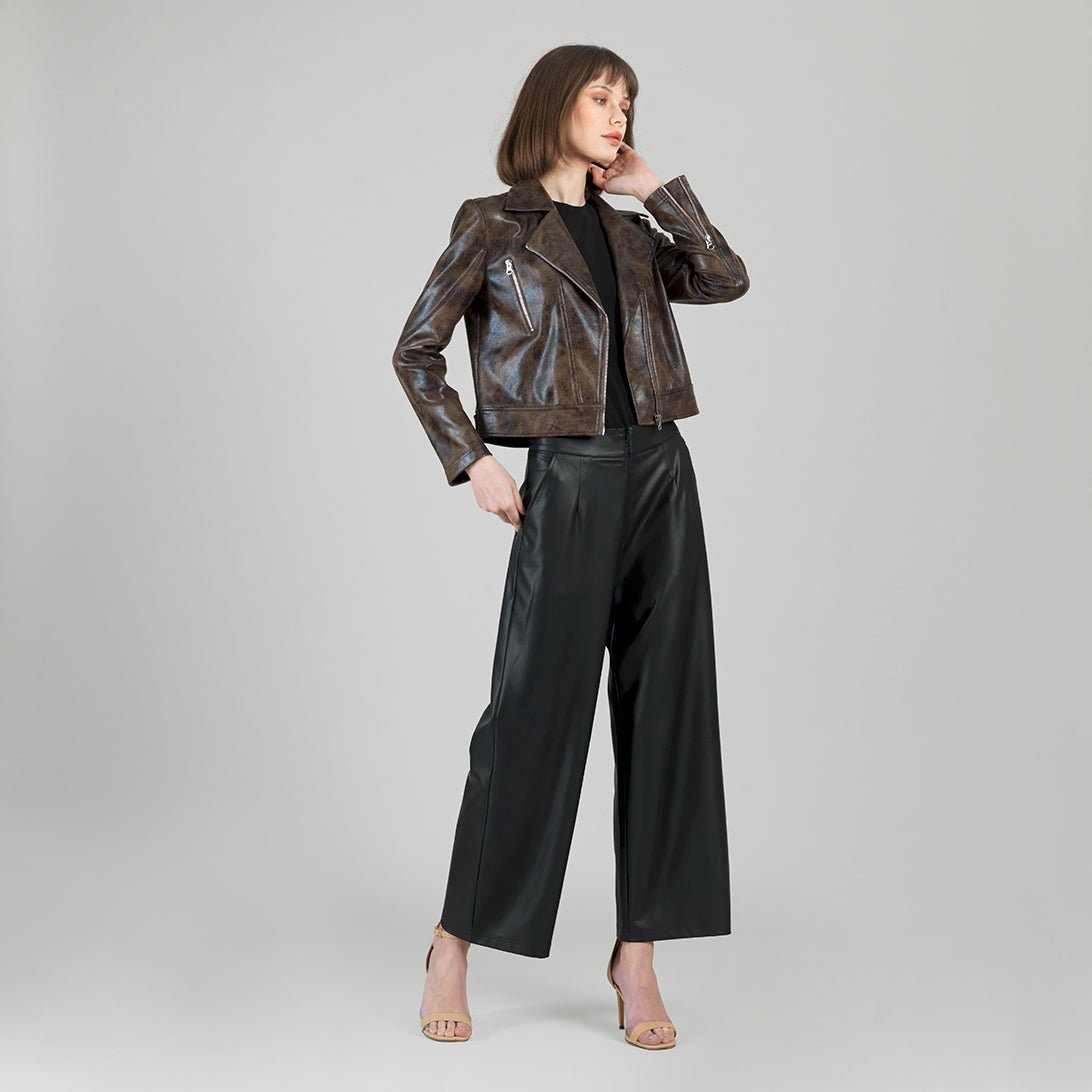 Clara Sunwoo Distressed Vegan Leather High Waist Jacket - Brown - Juli's Wearable Art