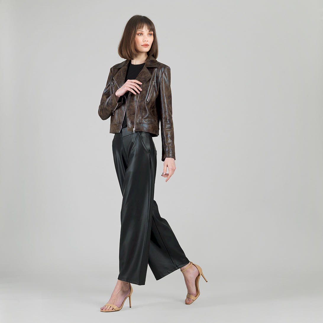 Clara Sunwoo Distressed Vegan Leather High Waist Jacket - Brown - Juli's Wearable Art