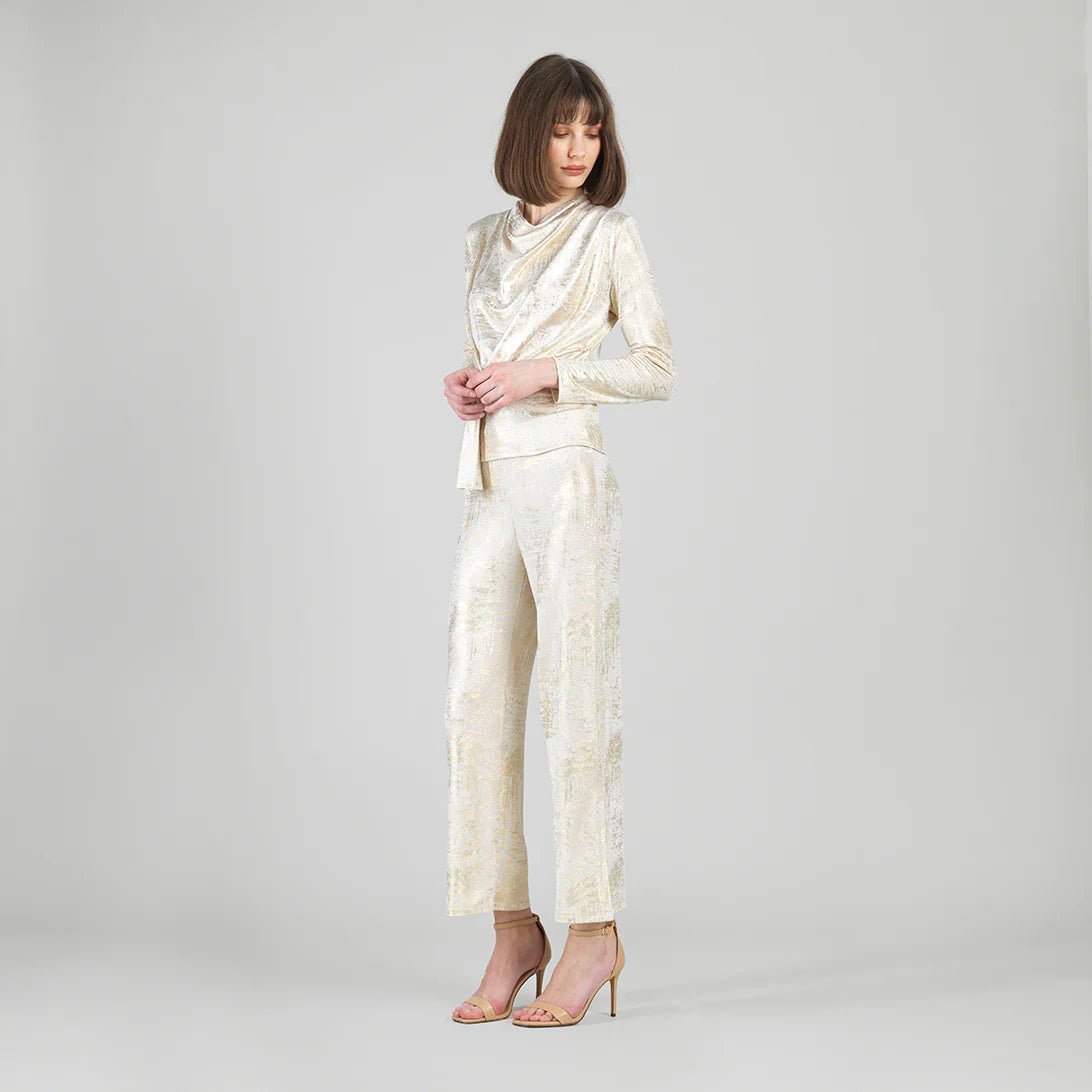 Clara Sunwoo Foil Sheen - Long Sleeve Loop Front Top - Champagne - Juli's Wearable Art