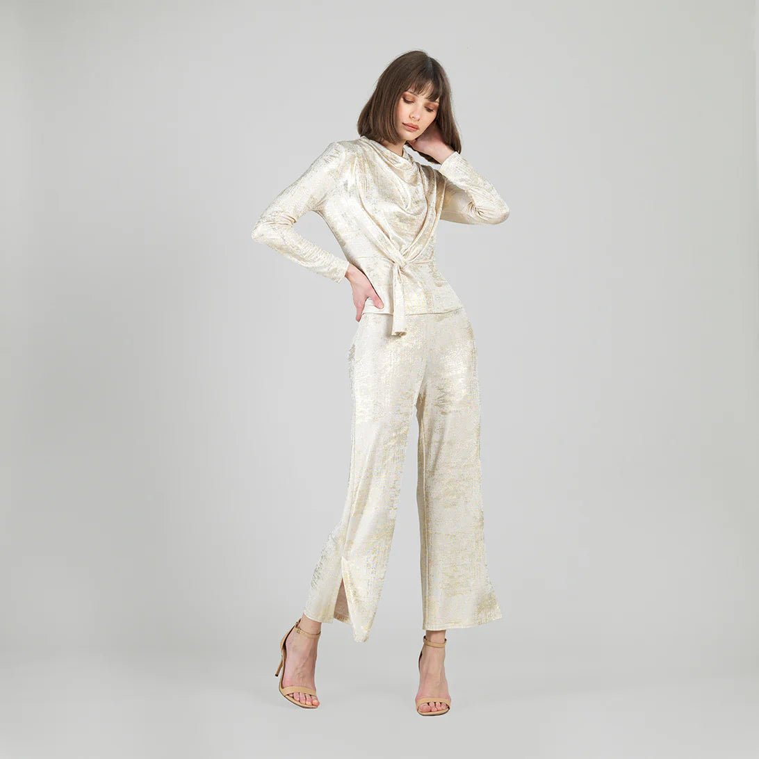 Clara Sunwoo Foil Sheen - Long Sleeve Loop Front Top - Champagne - Juli's Wearable Art