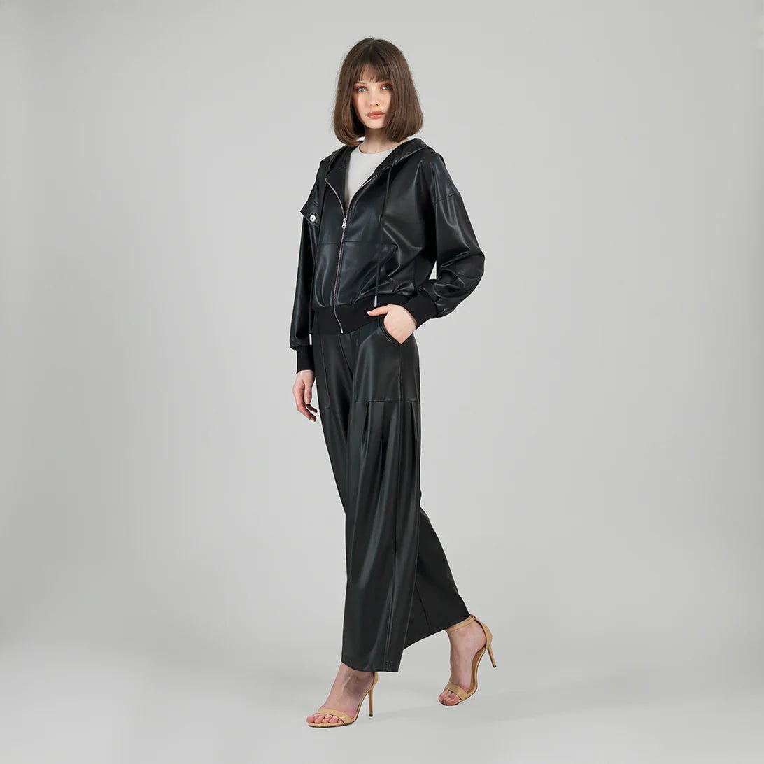 Clara Sunwoo Liquid Leather™ Hooded Drawstring Track Jacket - Black - Juli's Wearable Art