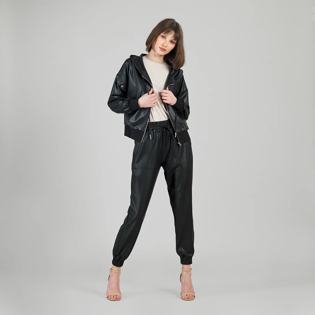 Clara Sunwoo Liquid Leather™ Hooded Drawstring Track Jacket - Black - Juli's Wearable Art