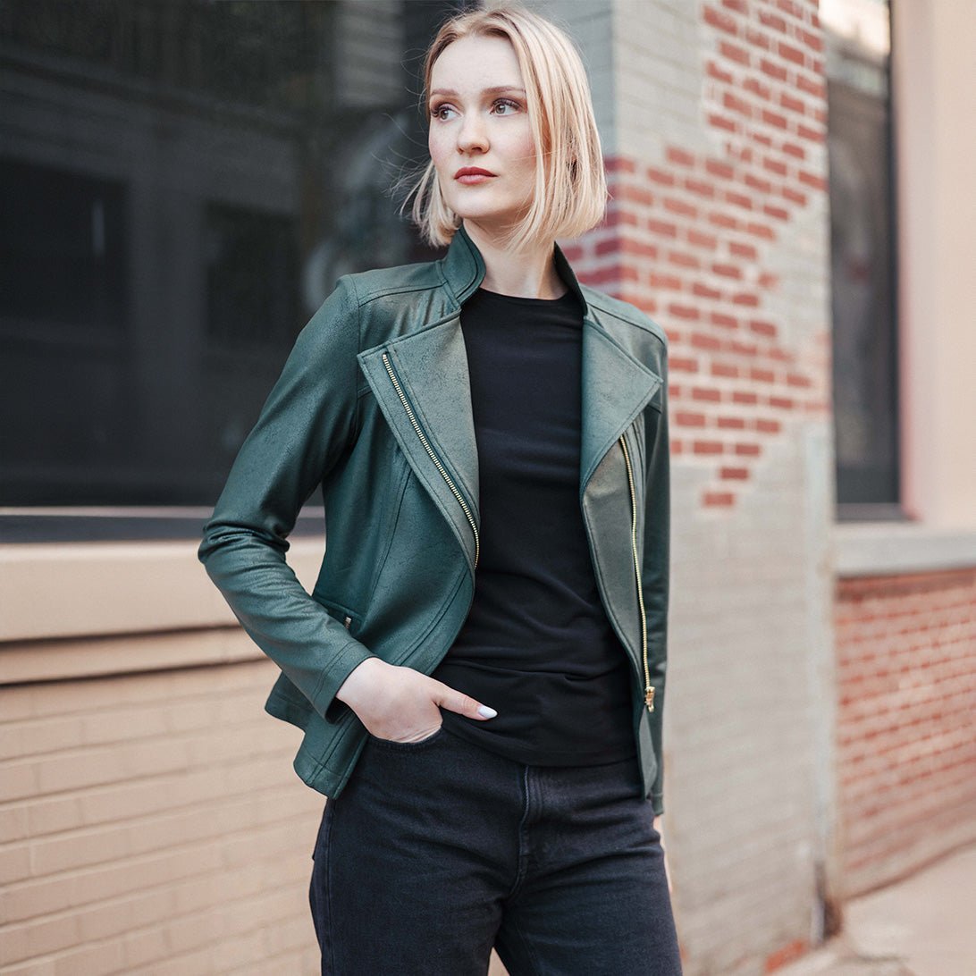 Clara Sunwoo Liquid Leather Zip Jacket - Hunter Green - Juli's Wearable Art