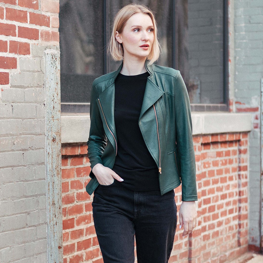Clara Sunwoo Liquid Leather Zip Jacket - Hunter Green - Juli's Wearable Art