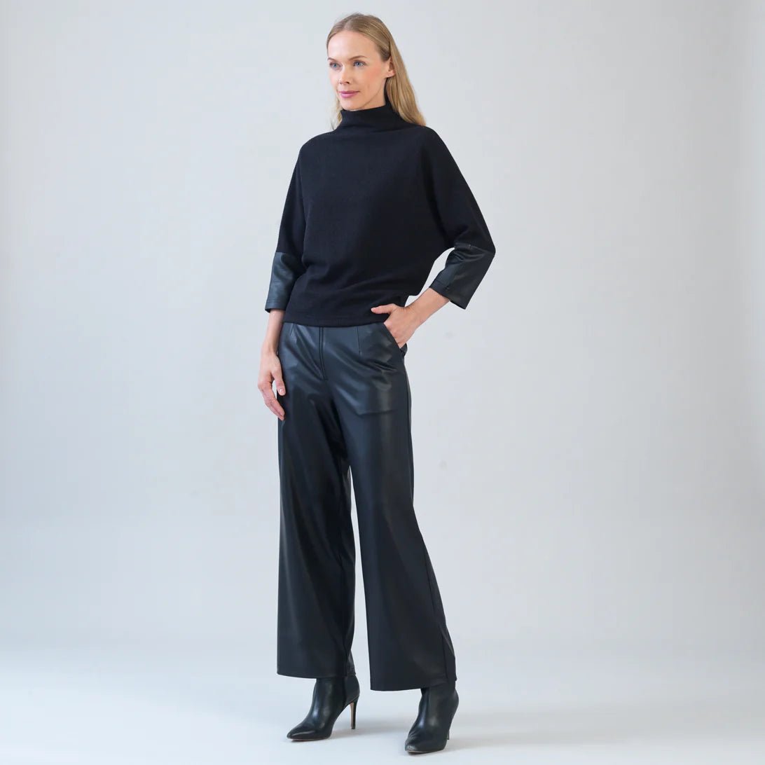 Clara Sunwoo Plush Ribbed - Liquid Leather Cuff Sweater Top - Black - Juli's Wearable Art