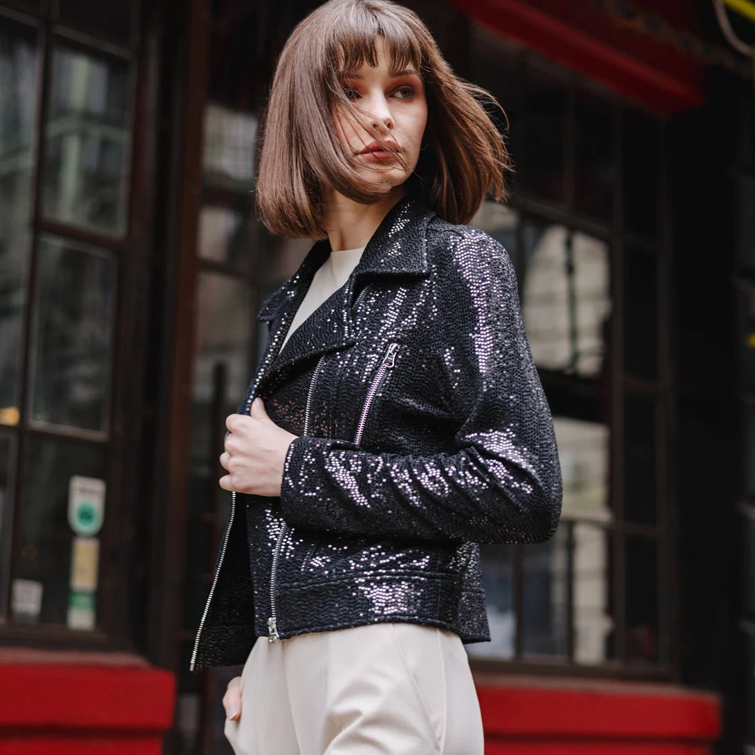 Clara Sunwoo Sequin Knit - Moto Waist Jacket - Black - Juli's Wearable Art