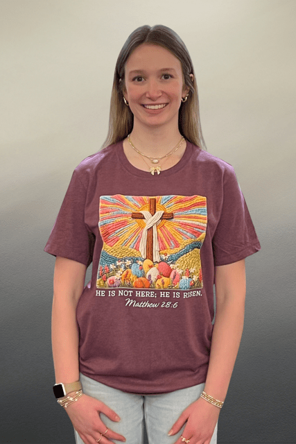 Colorful “He Is Not Here; He Is Risen.” Graphic Tee | Heather Maroon - Juli's Wearable Art