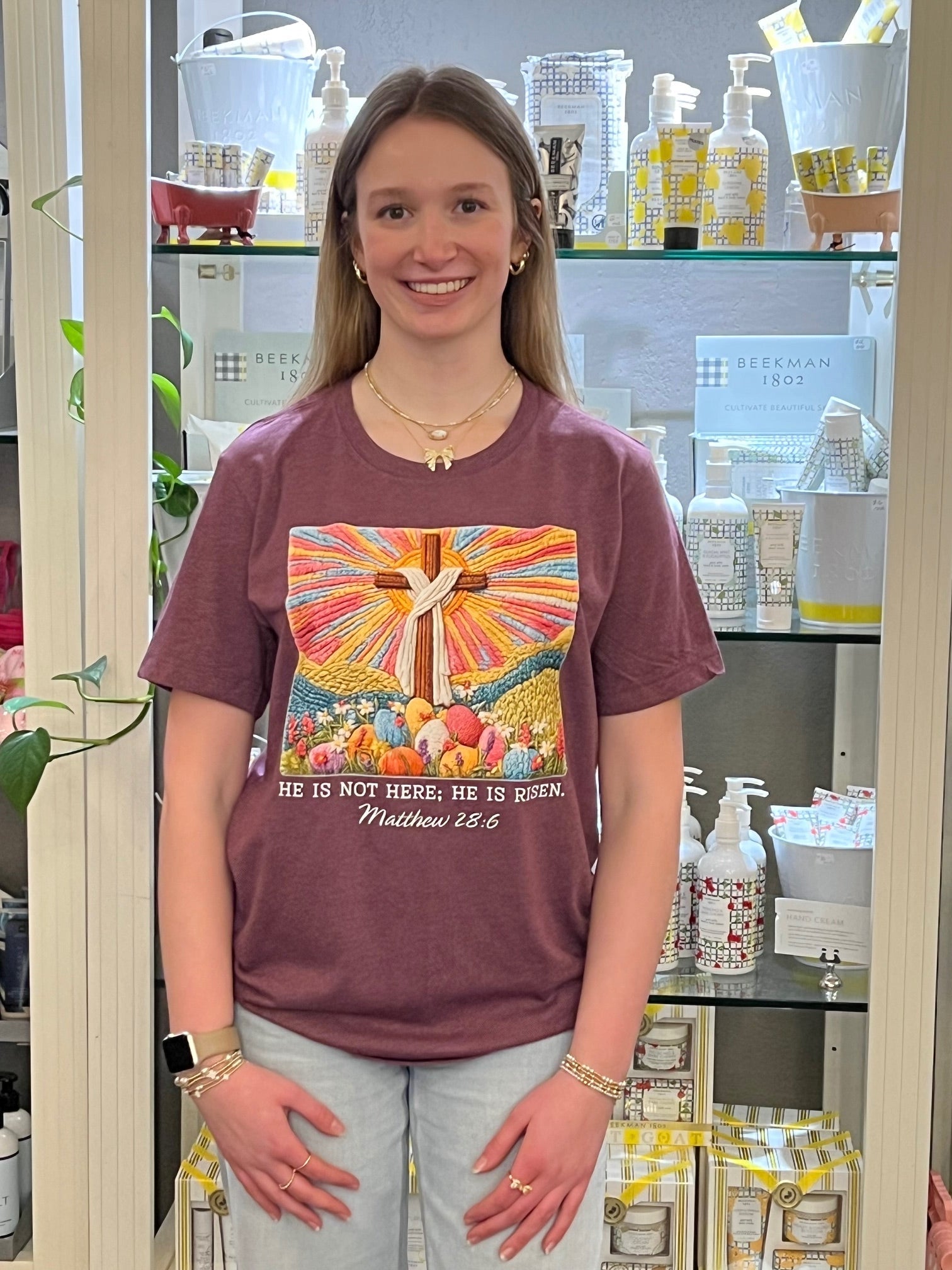 Colorful “He Is Not Here; He Is Risen.” Graphic Tee | Heather Maroon - Juli's Wearable Art