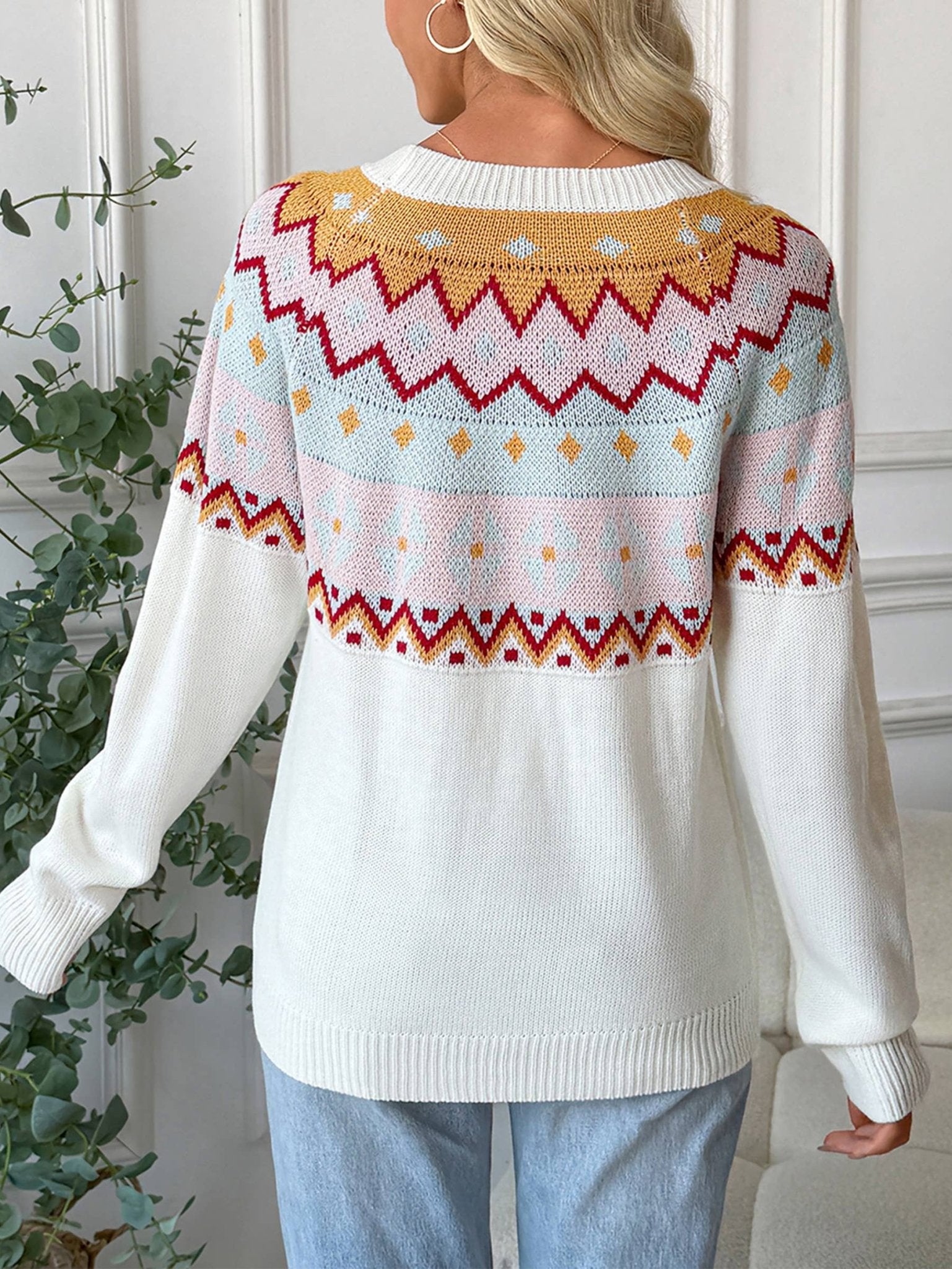 Contrasting Jacquard Round Neck Sweater - Juli's Wearable Art