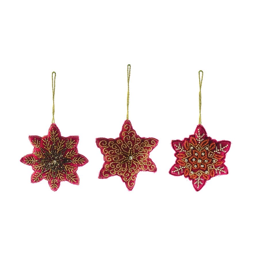 Cotton Velvet Snowflake Ornaments w/ Glass Beads & Embroidery - Juli's Wearable Art