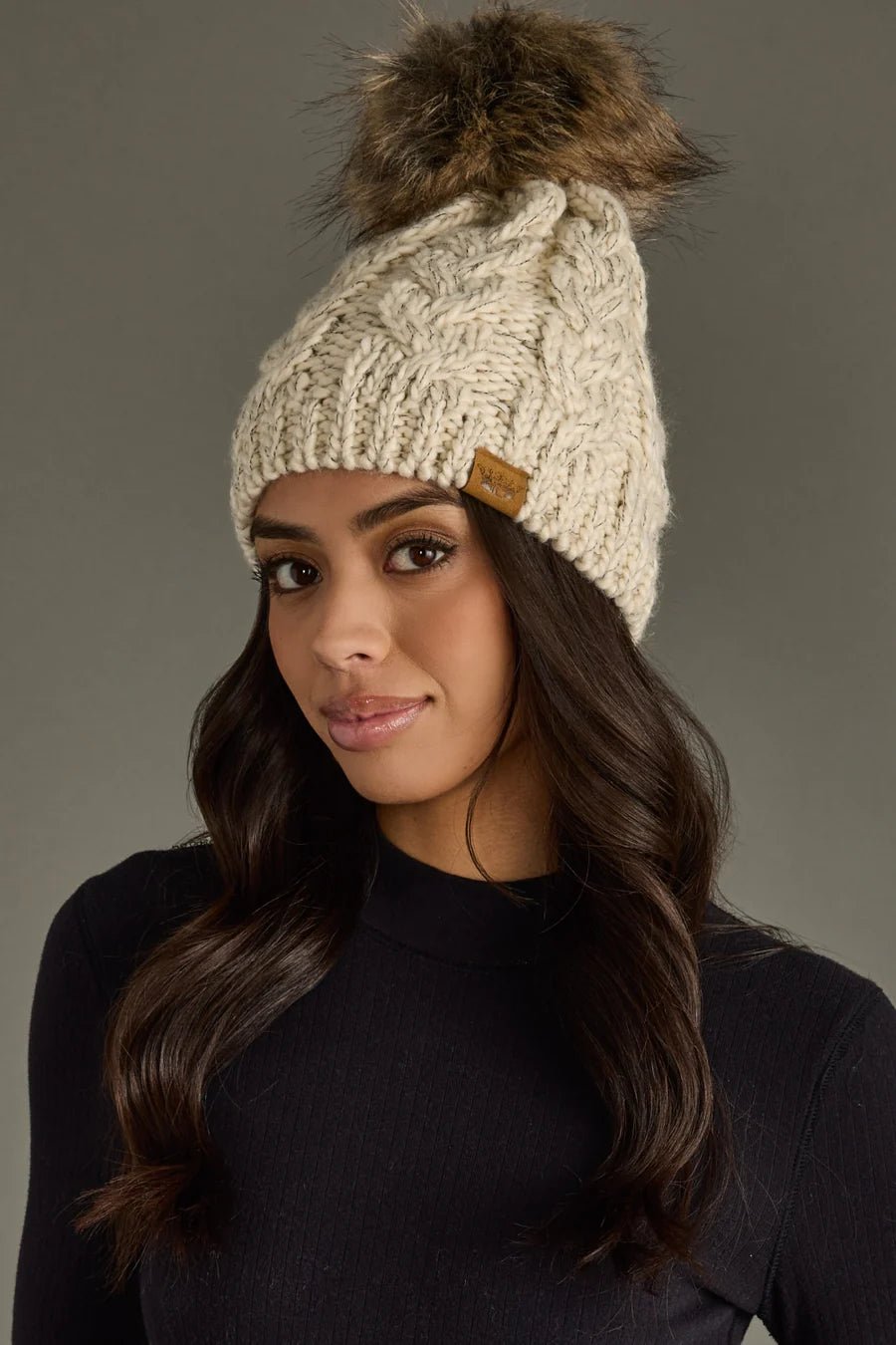 Cream Cable Knit Pom Hat with Faux Fur Pom - Juli's Wearable Art