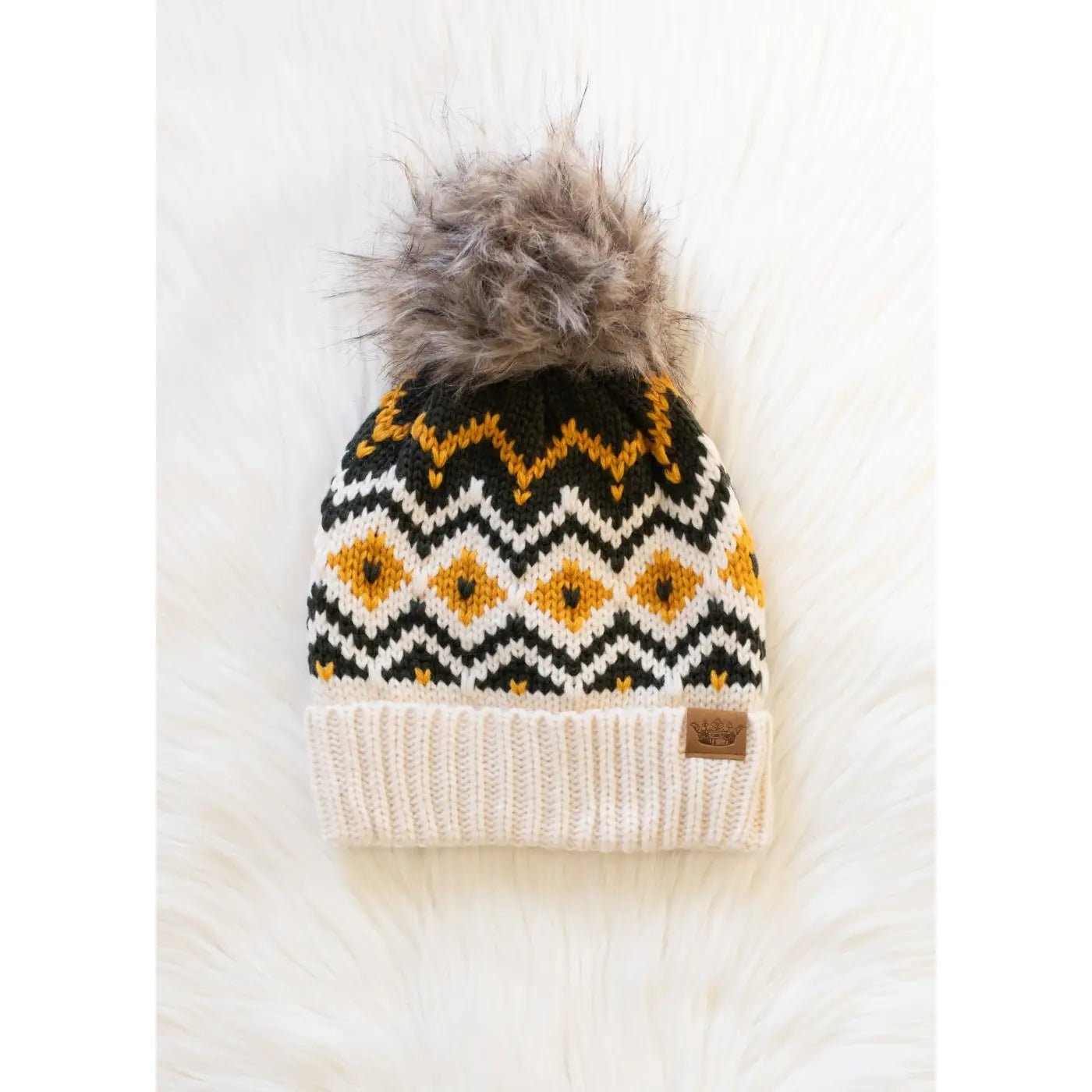 Cream, Olive & Mustard Patterned Pom Hat - Juli's Wearable Art