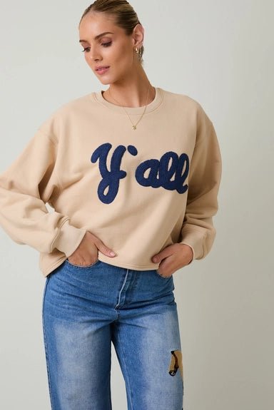 Crew Neck "Y'all" Flocked Sweatshirt - Juli's Wearable Art
