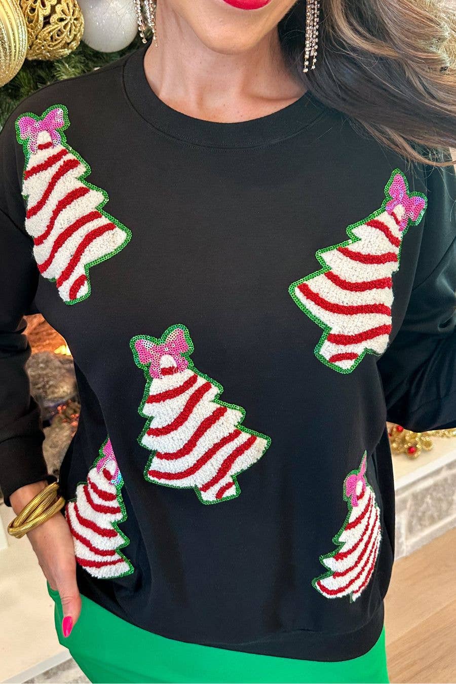 Cute Christmas Tree Sequins Slouchy Sweatshirt - Juli's Wearable Art