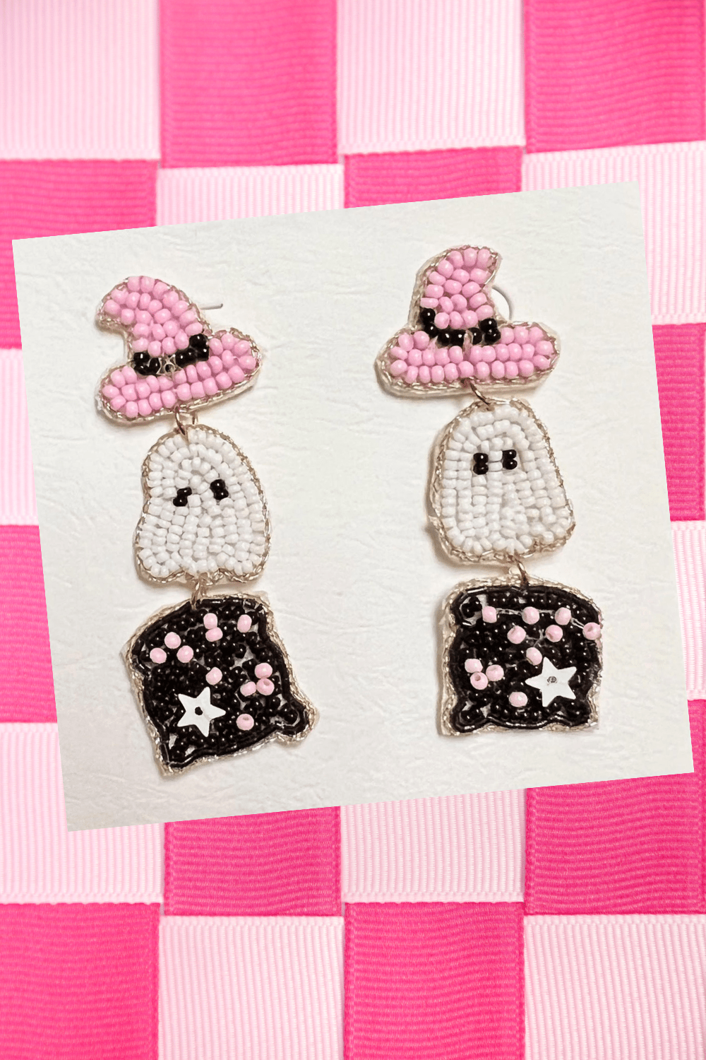 Cute Spooky Pink Witchy Ghost Beaded Dangle Earrings - Juli's Wearable Art