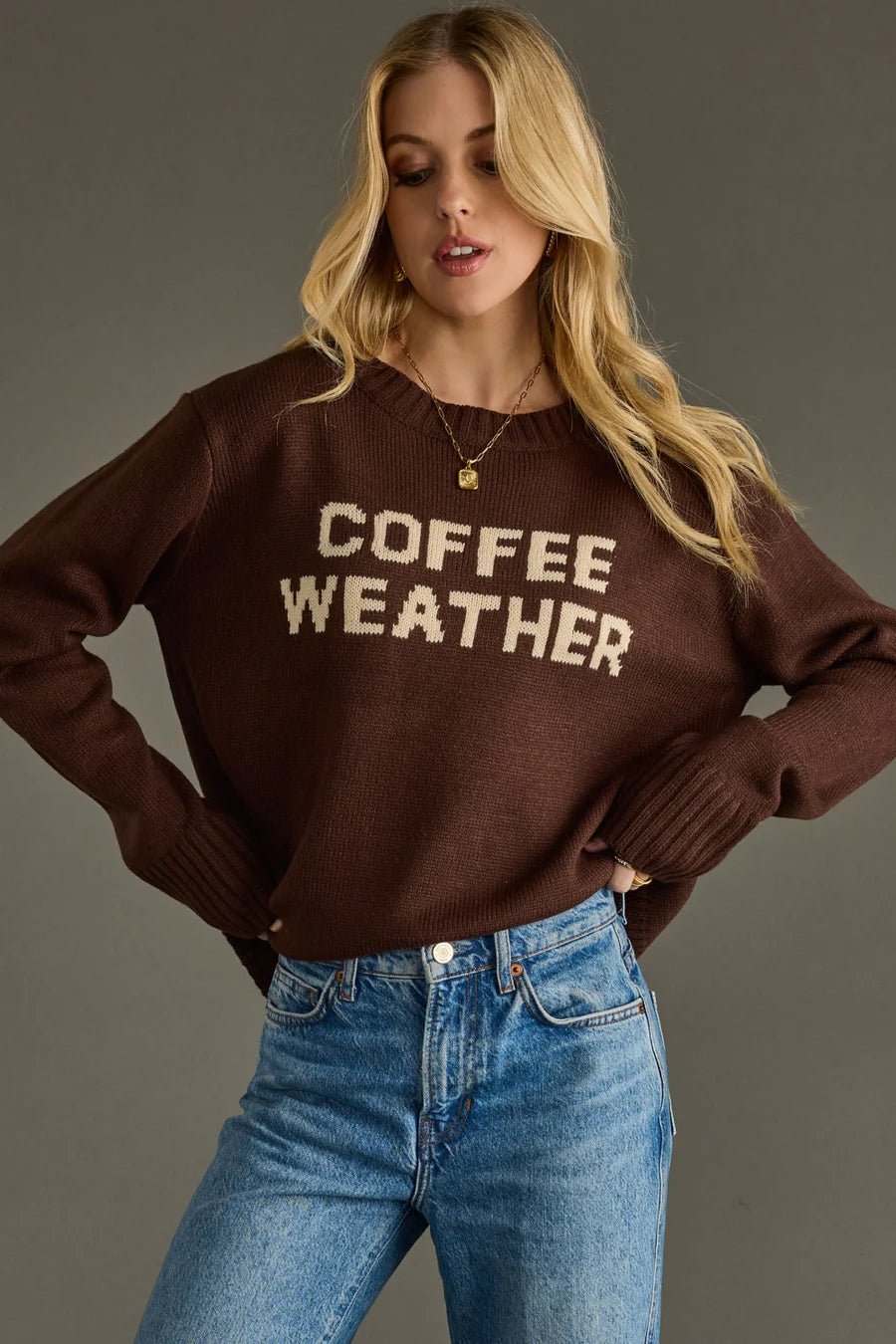 Dark Brown “Coffee Weather” Knit Sweater - Juli's Wearable Art