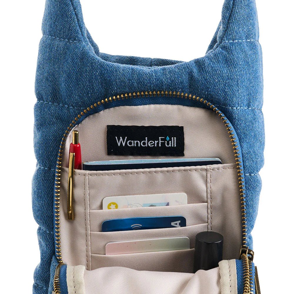 Denim HydroBag® with Antique Brass and Denim overlaid Vegan Leather Strap - Juli's Wearable Art