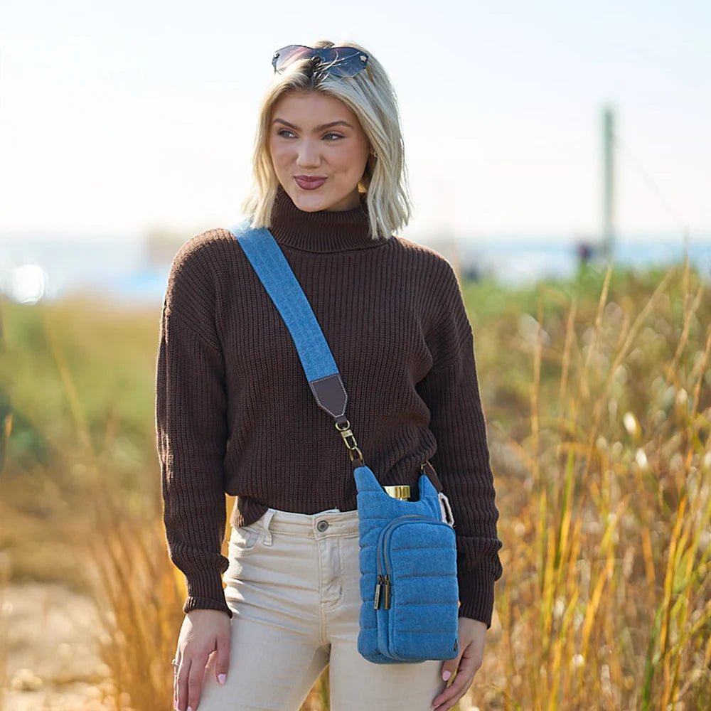 Denim HydroBag® with Antique Brass and Denim overlaid Vegan Leather Strap - Juli's Wearable Art