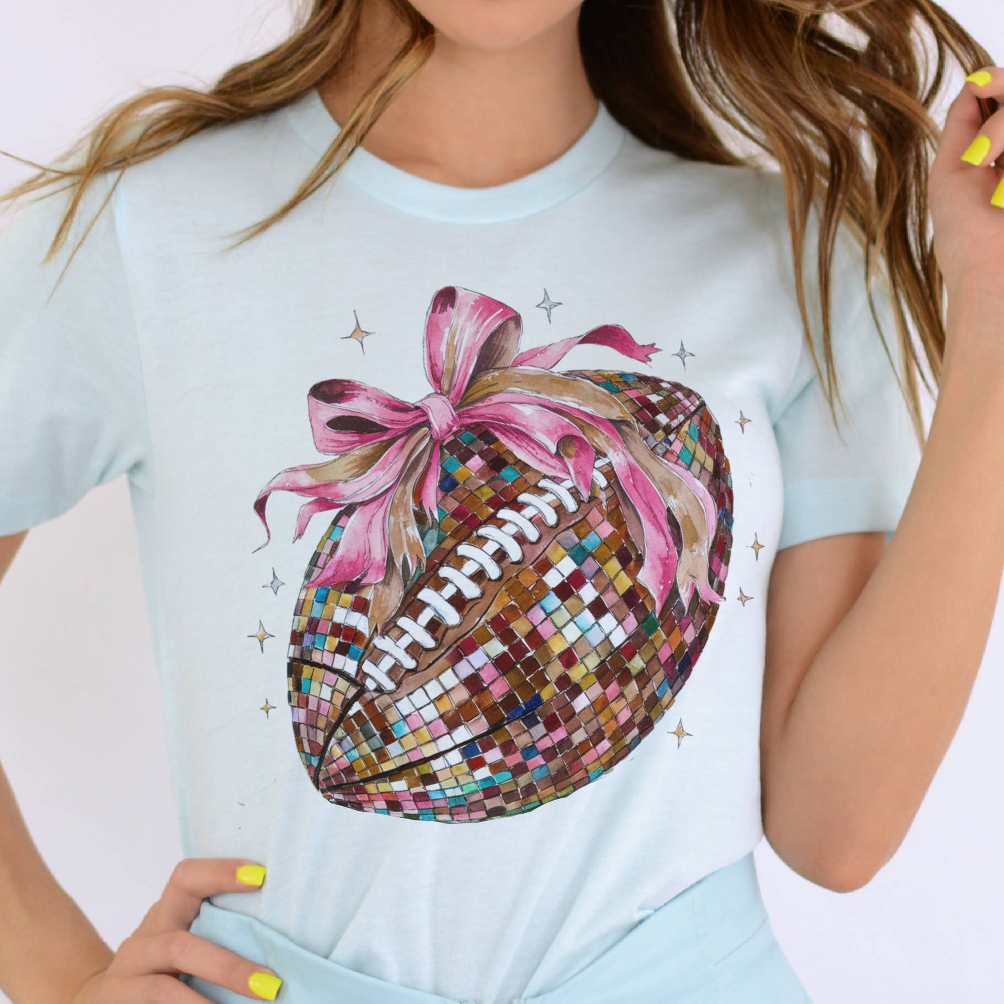 Disco Football Coquette Disco Game Day Girly Mom Graphic Tee - Juli's Wearable Art