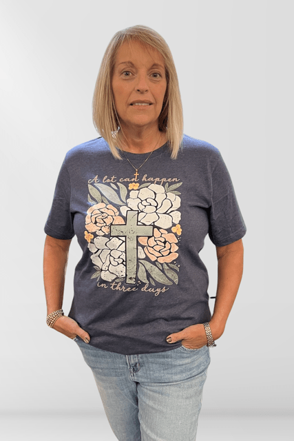 Easter Cross & Flowers Graphic Tee | Heather Navy - Juli's Wearable Art