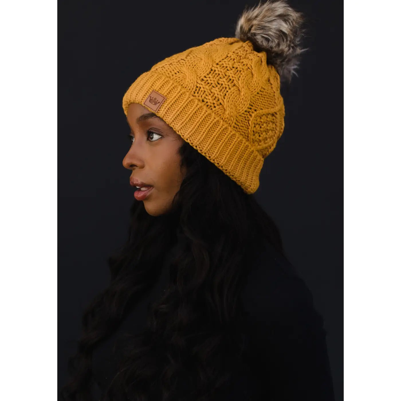Mustard Cable Knit Hat with Faux Fur Pom