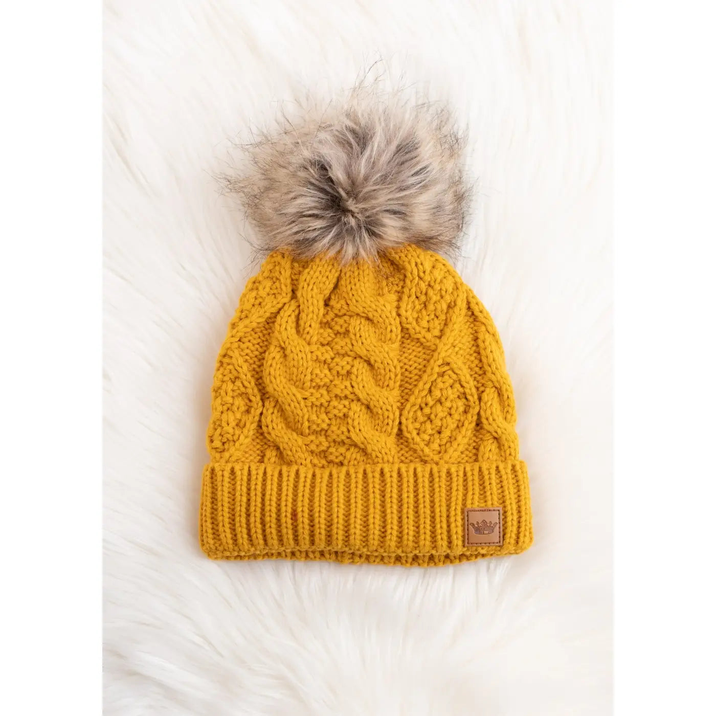 Mustard Cable Knit Hat with Faux Fur Pom