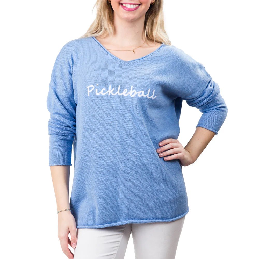 Elsie V - Neck Sweater – Light Blue with “Pickleball” Lettering - Juli's Wearable Art