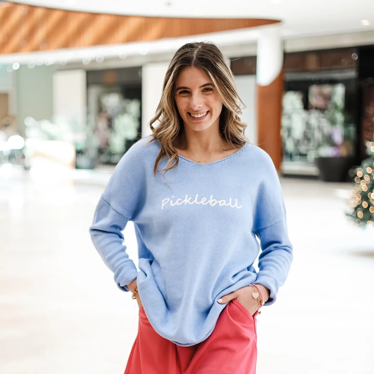 Elsie V - Neck Sweater – Light Blue with “Pickleball” Lettering - Juli's Wearable Art