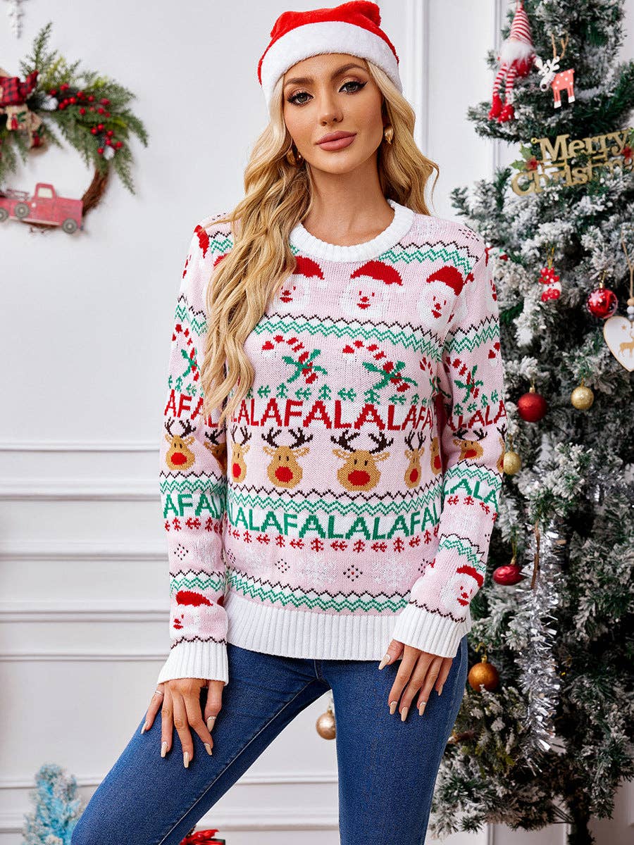 Fa La La Pink Christmas Sweater – Festive Jacquard Knit - Juli's Wearable Art
