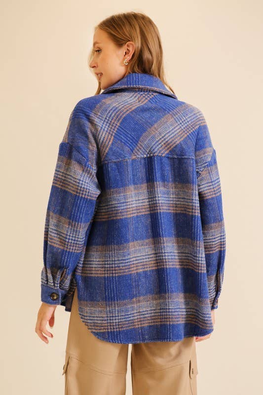 Fall Vibes Plaid Print Shacket in Blue & Taupe - Juli's Wearable Art