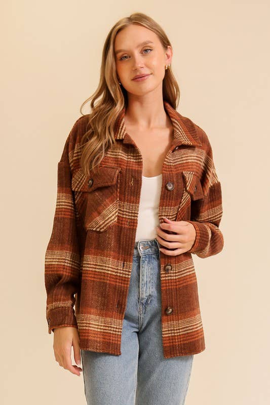 Fall Vibes Plaid Print Shacket in Brown & Taupe - Juli's Wearable Art