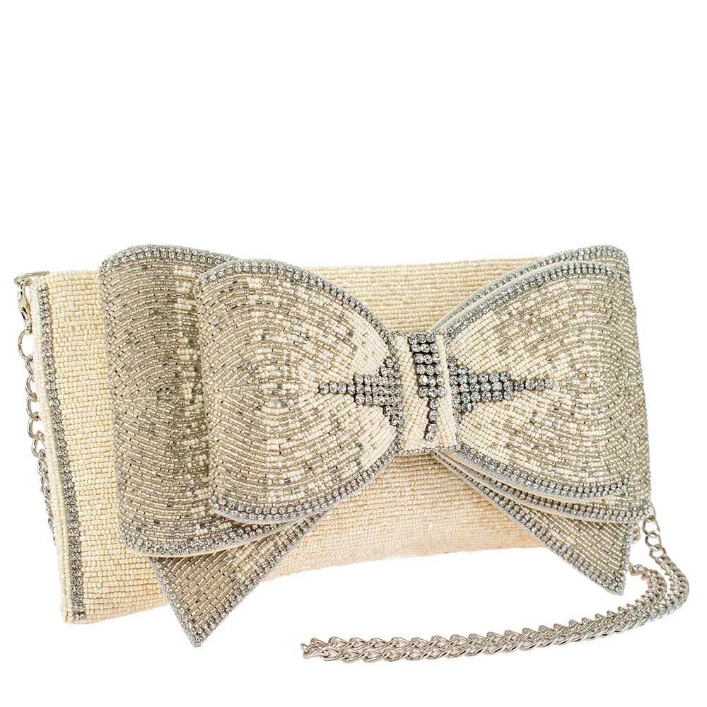 Fancy Bow Beaded Ivory Bow Crossbody Clutch - Juli's Wearable Art