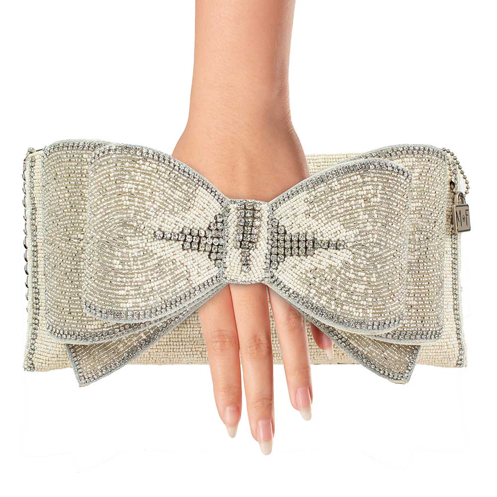 Fancy Bow Beaded Ivory Bow Crossbody Clutch - Juli's Wearable Art