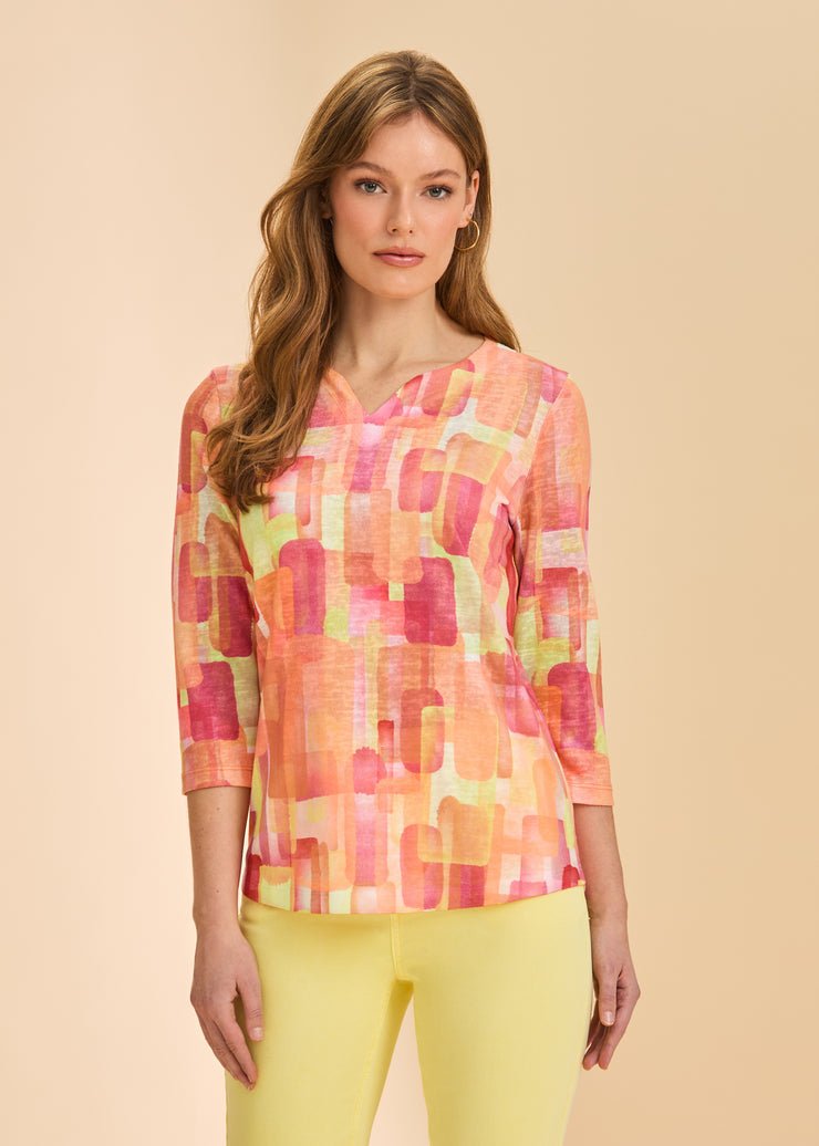 FDJ 3/4 Sleeve Notch Neck Top | Orange Rockefeller - Juli's Wearable Art