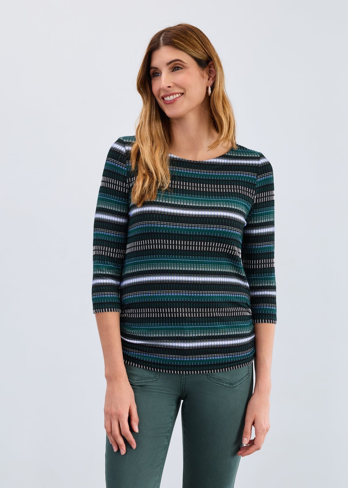 FDJ 3/4 Sleeve Ruched Side Top - Cool Brixton - Juli's Wearable Art