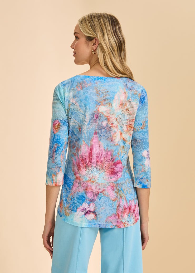 FDJ 3/4 Sleeve Scoop Neck Top | Blue Floral - Juli's Wearable Art