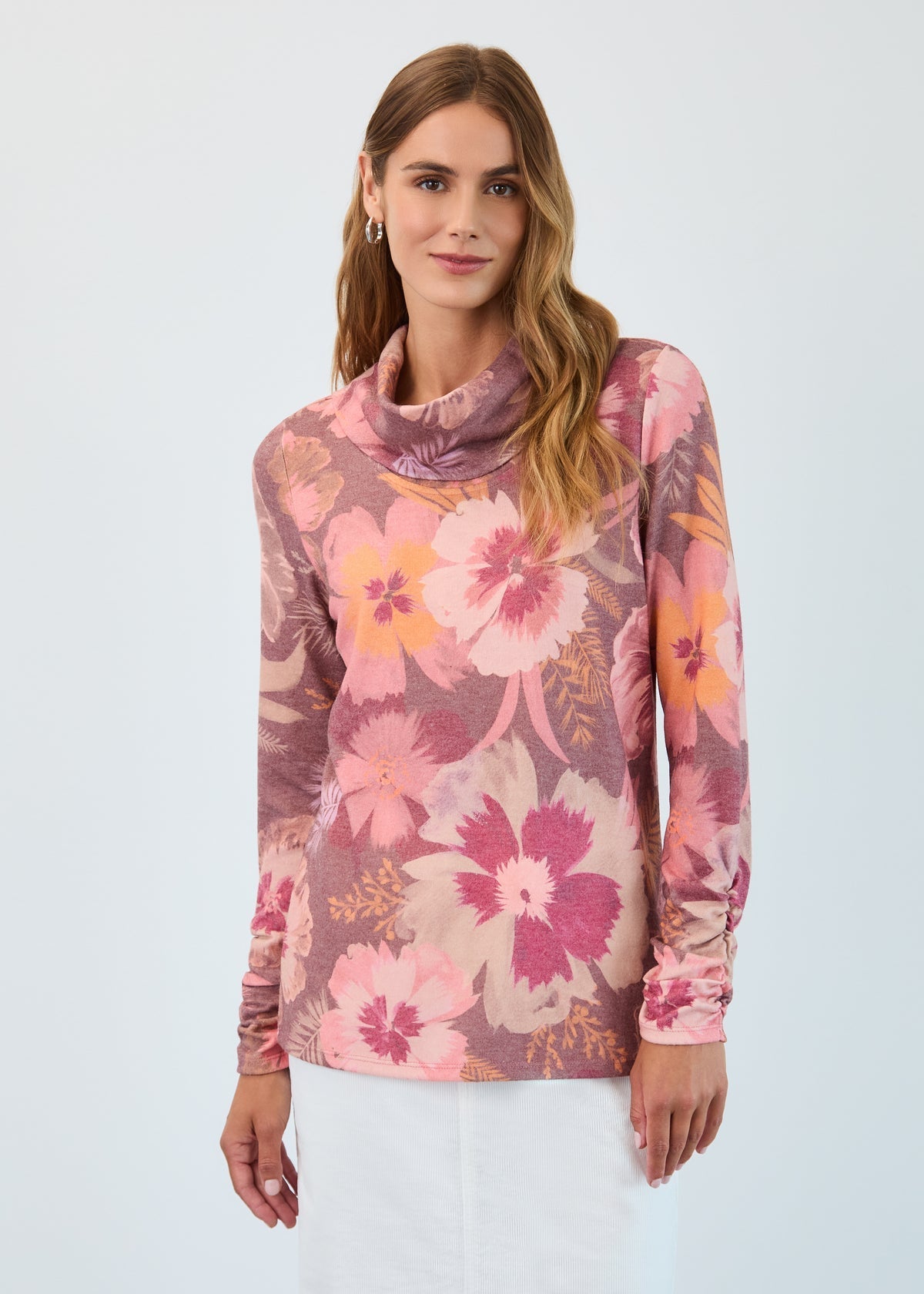 FDJ Long - Sleeve Cowl Neck Top – Coral Fall Botanical - Juli's Wearable Art