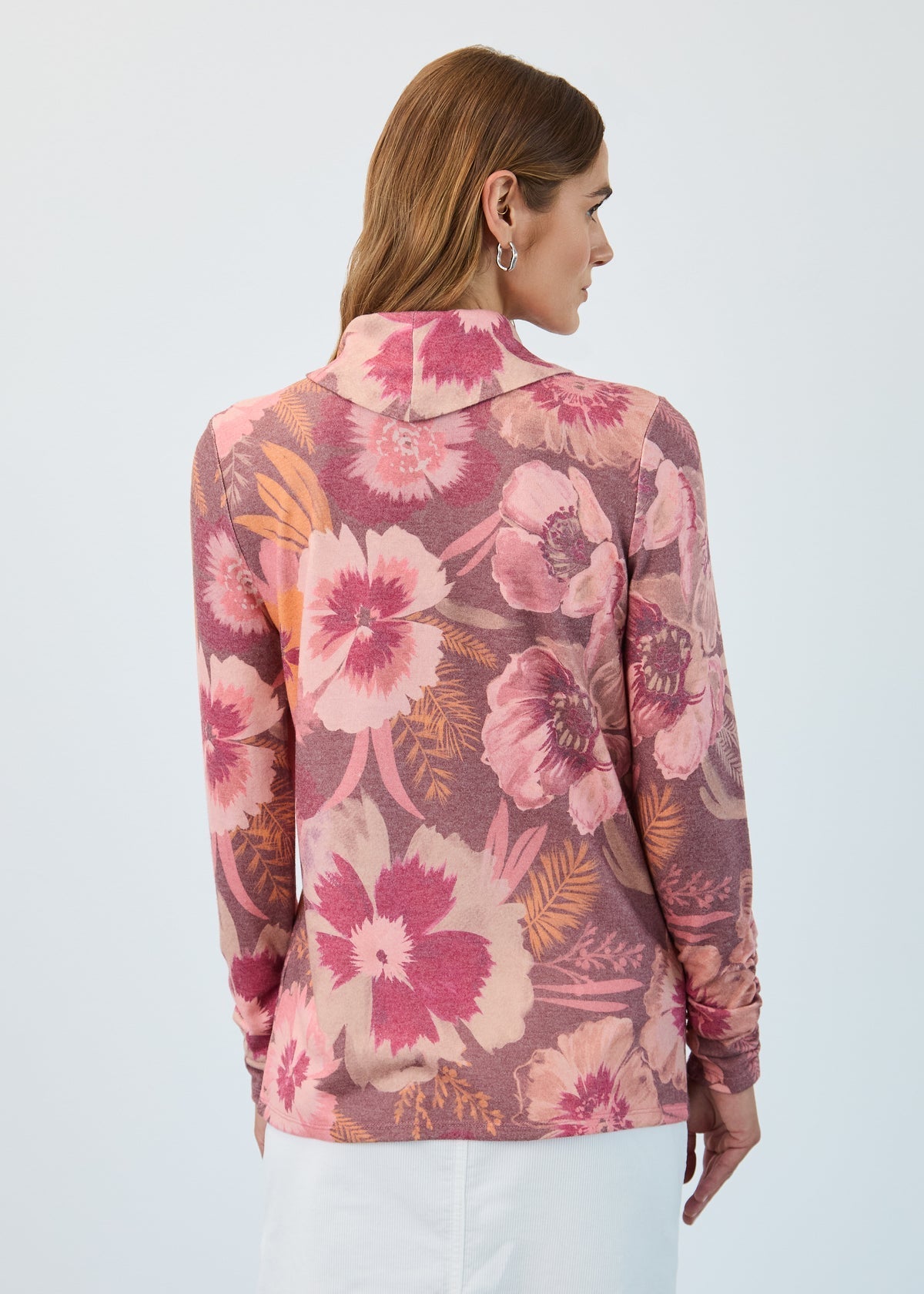 FDJ Long - Sleeve Cowl Neck Top – Coral Fall Botanical - Juli's Wearable Art