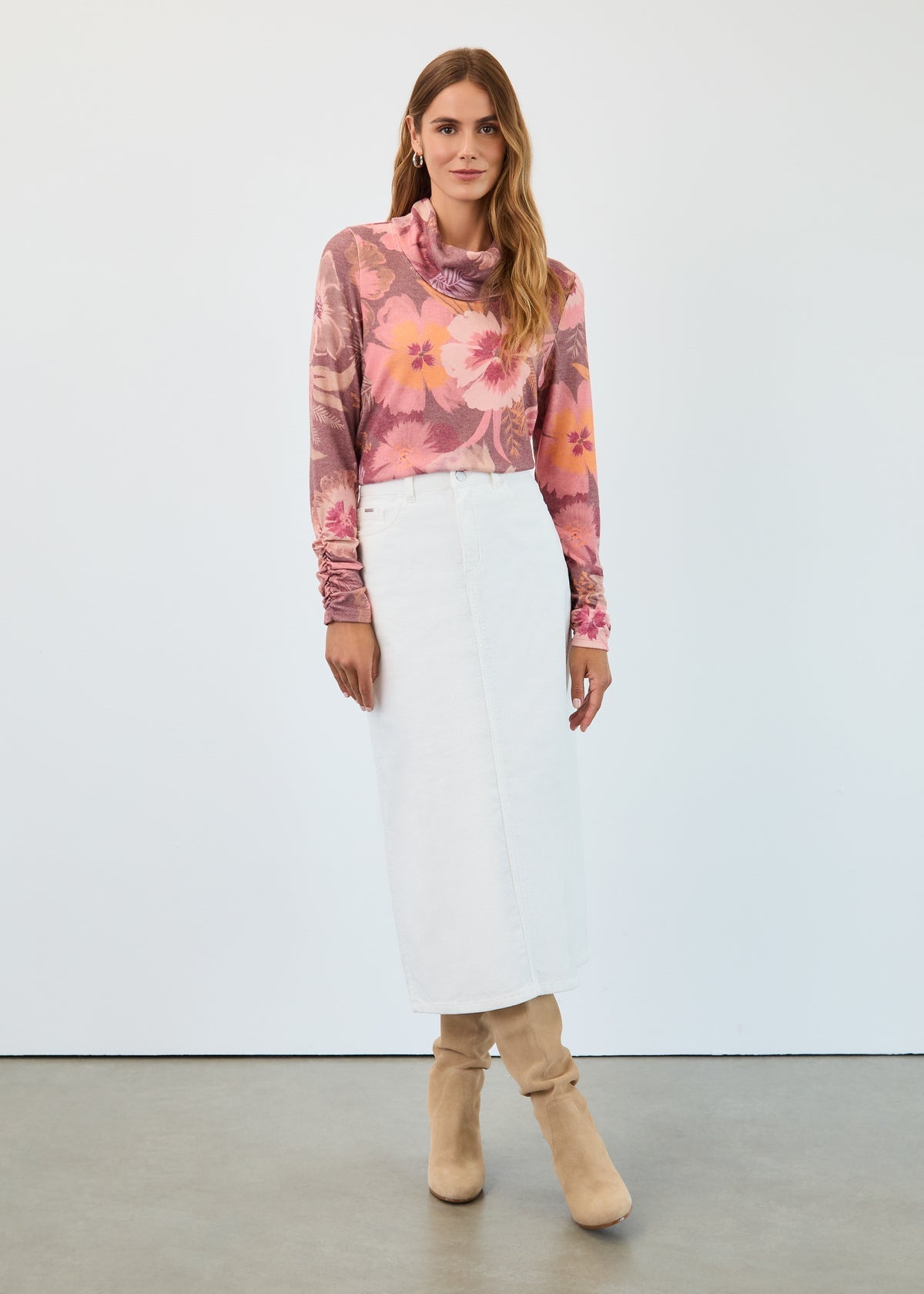 FDJ Long - Sleeve Cowl Neck Top – Coral Fall Botanical - Juli's Wearable Art