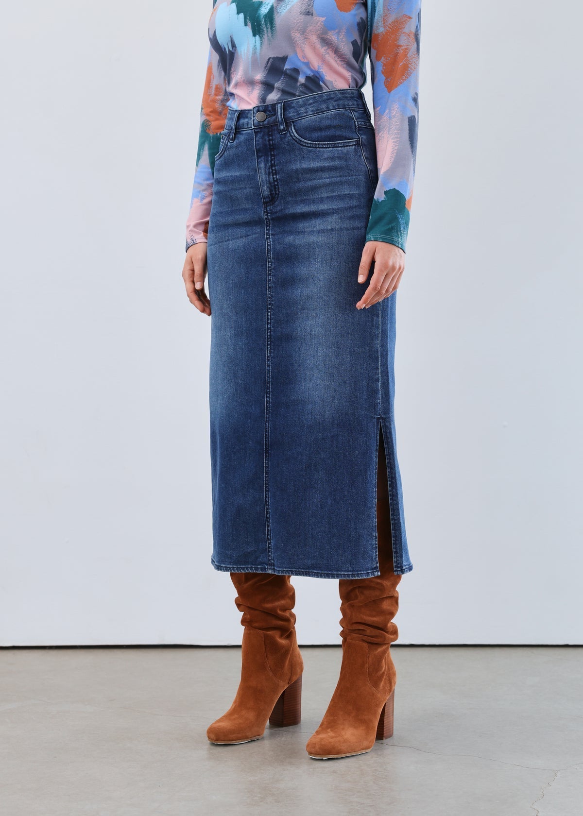 FDJ Slit Denim Column Midi Skirt - Dark Wash - Juli's Wearable Art
