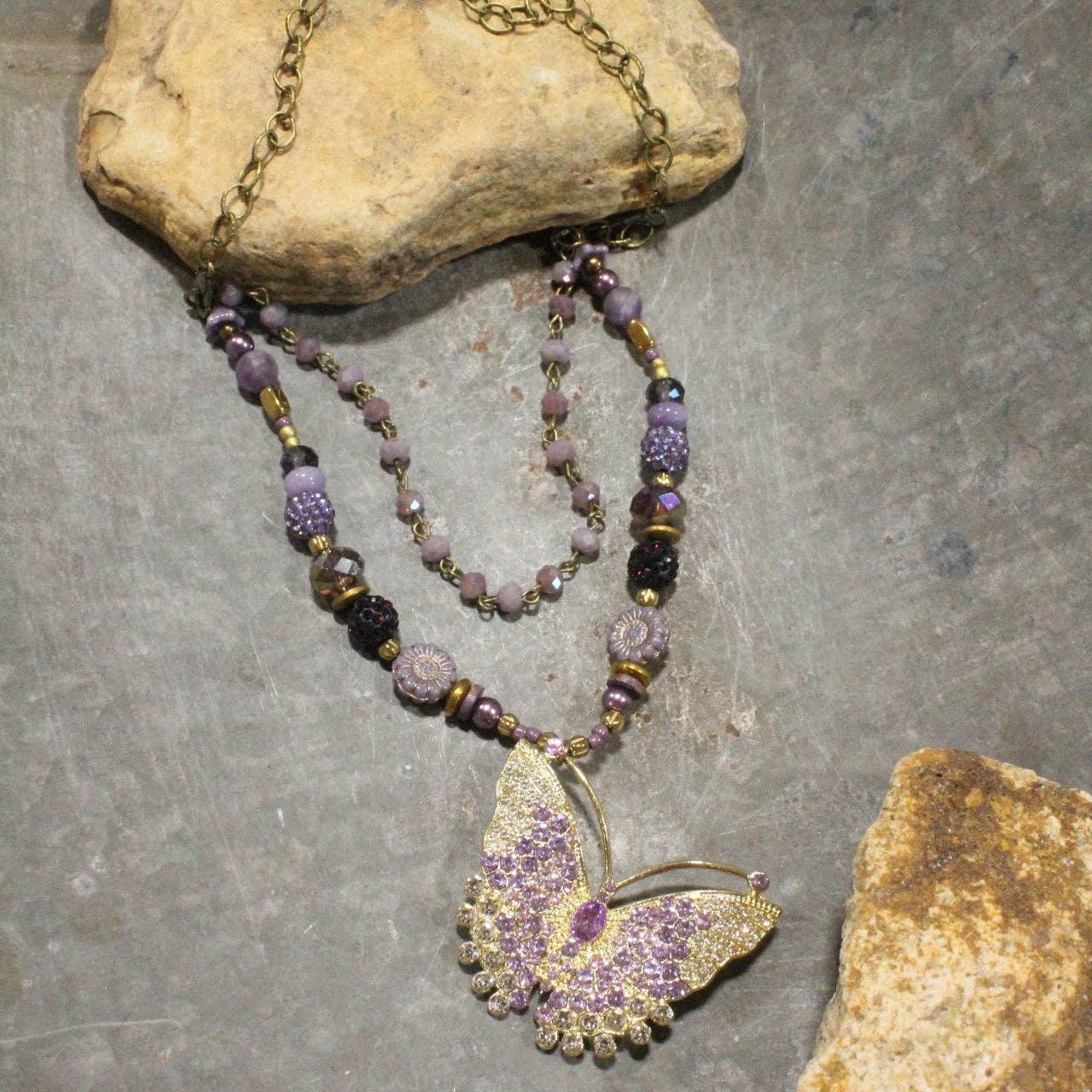 Floating Purple Butterfly Layered Necklace - Juli's Wearable Art